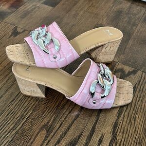 Marc Fisher Women’s Pink Chain Detail Block Heel Faux Crocodile Sandals Size 10